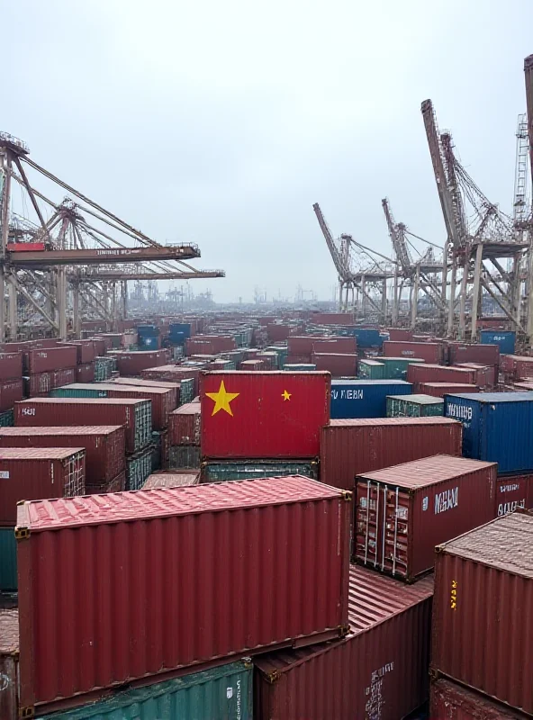 Image showing cargo containers at a port, symbolizing international trade. Some containers have US and Chinese flags.