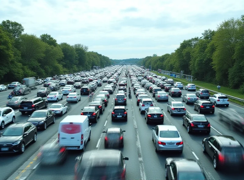 Aerial view of a traffic jam on a highway.