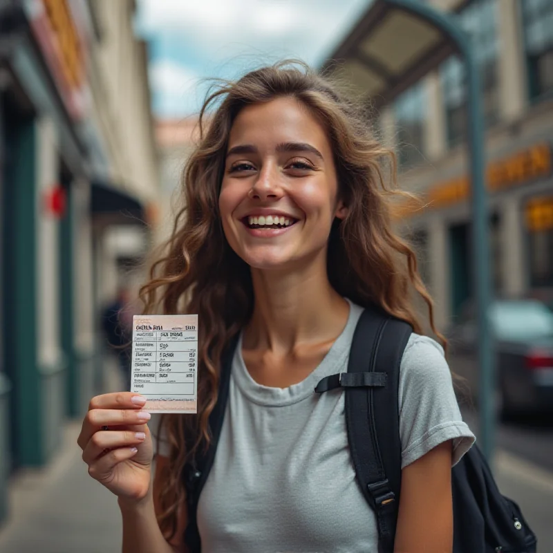 A young student smiling and holding a bus ticket.