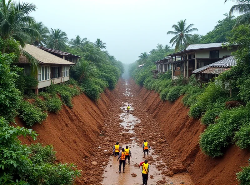 Image of a landslide in a tropical area, showing damaged houses and rescue workers searching through debris.