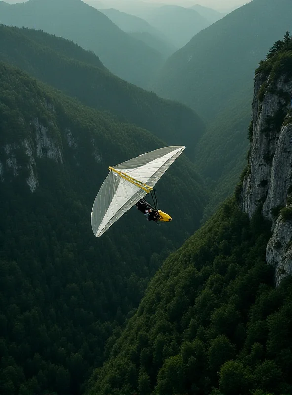 A hang glider plummeting from the sky, with trees and mountainous terrain below.