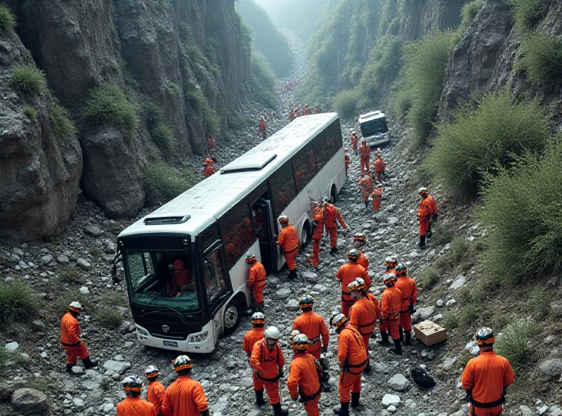 A wrecked bus at the bottom of a ravine, surrounded by emergency responders and debris.