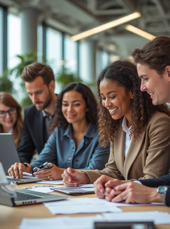 A diverse group of young professionals in a modern office setting, looking optimistic and engaged