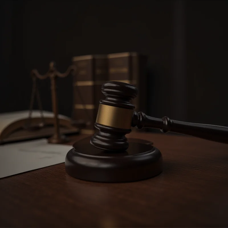 A somber courtroom scene with a gavel resting on a wooden block, symbolizing the justice system