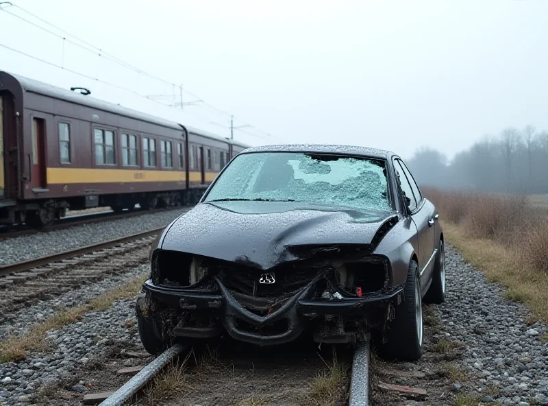 A mangled car wreck next to a train track in Poland, after a collision with a train. The train is visible in the background.