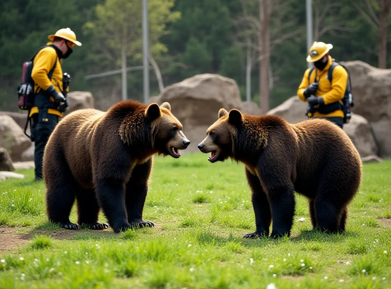 Two spectacled bears facing each other in a zoo enclosure, with firefighters standing by with hoses