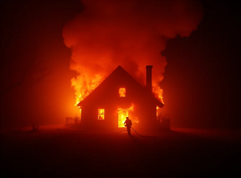 A house engulfed in flames at night, firefighters battling the blaze.