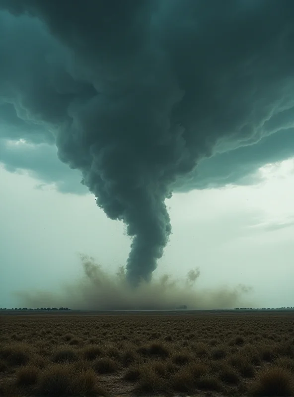 A tornado ripping through a field, dark storm clouds in the background.