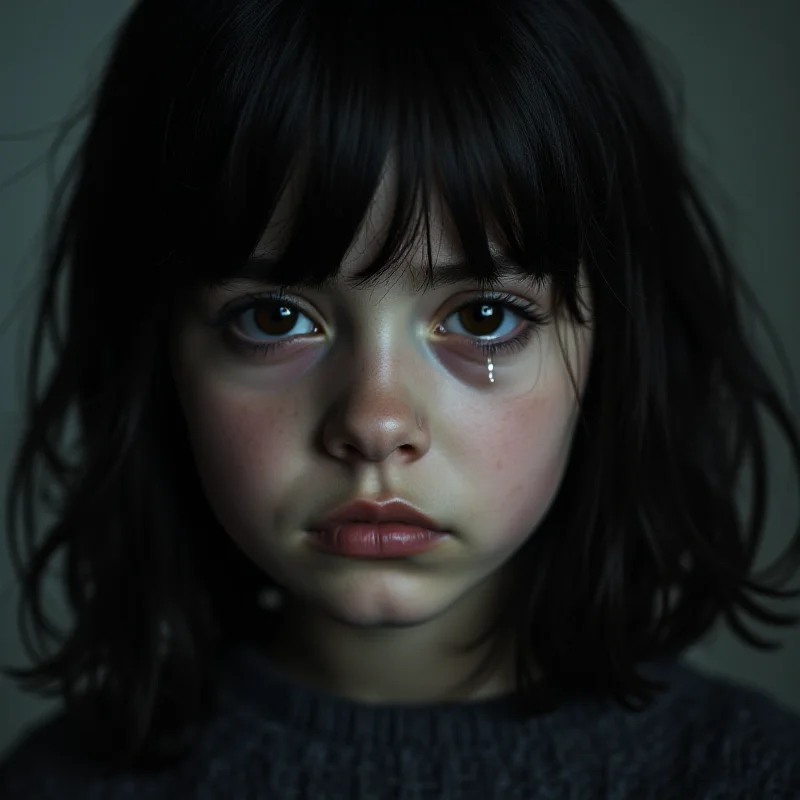 A somber portrait of a young girl with dark hair and eyes, a single tear rolling down her cheek.