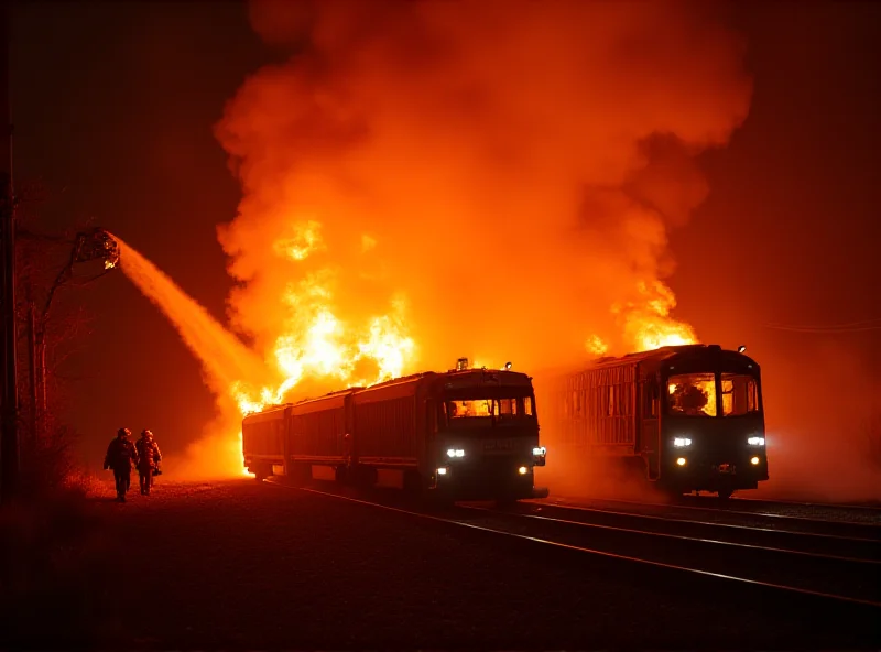 Firefighters battling a large train fire at night.