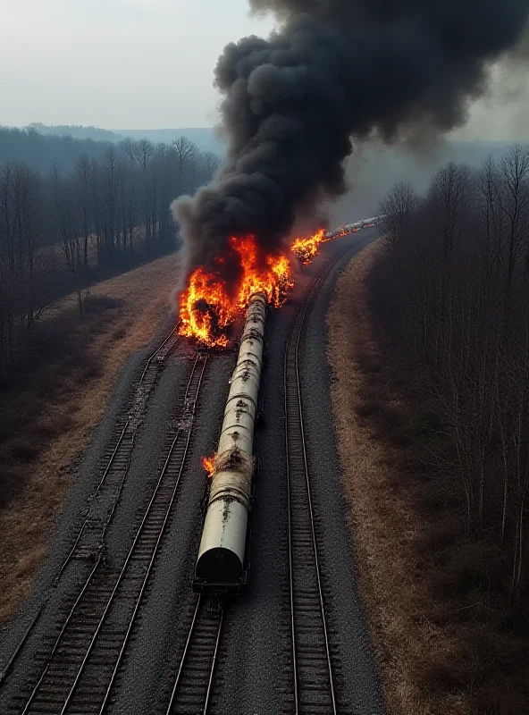 Aerial view of a derailed train with tanker cars engulfed in flames.