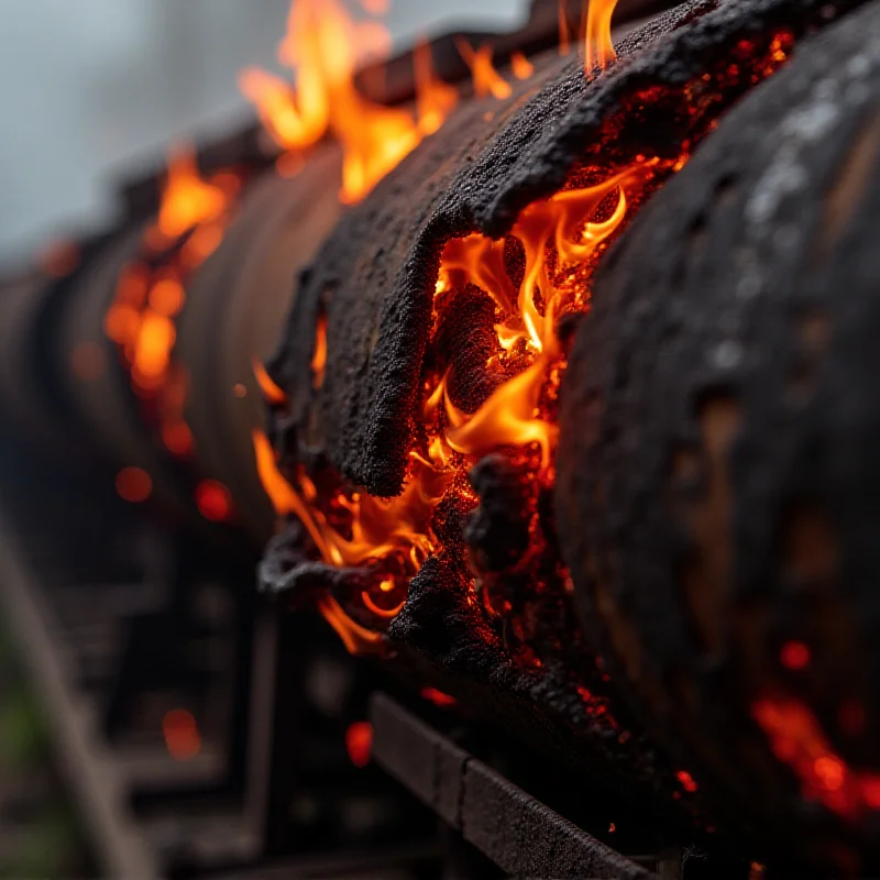 Close-up of a damaged and burnt train tanker car.