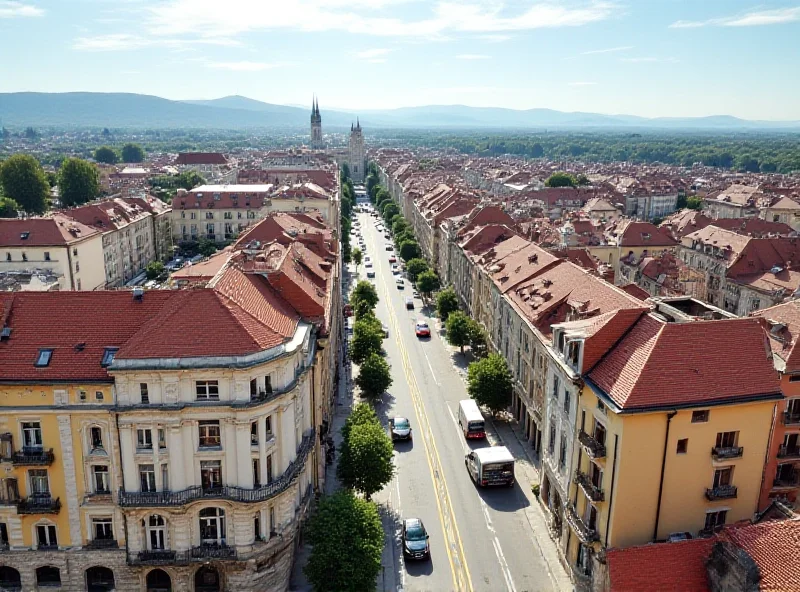 Trânsito congestionado no centro de uma cidade europeia com obras e placas de desvio.