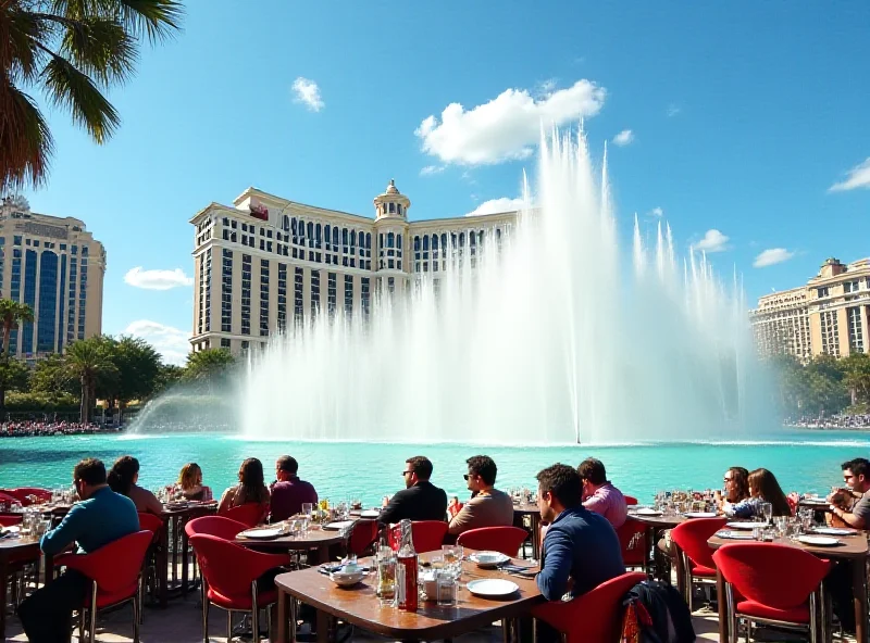 The Bellagio fountains in Las Vegas with the hotel in the background, captured during brunch hours.
