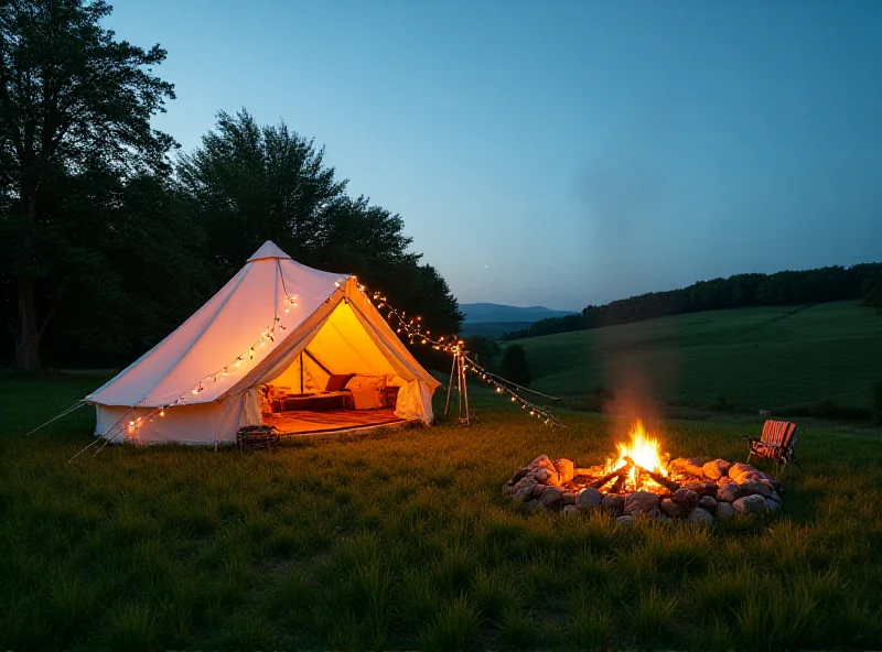 A cozy glamping tent nestled in a lush green field