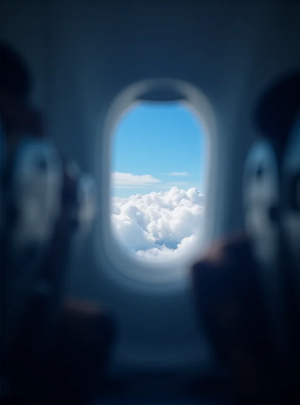 Interior of an airplane with blurred passengers in the background.