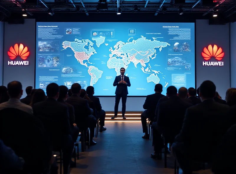 A modern conference hall with Huawei branding, showcasing travel technology.