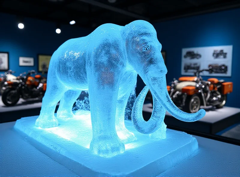 A detailed ice sculpture of a mammoth inside a museum setting with vintage motorcycles in the background