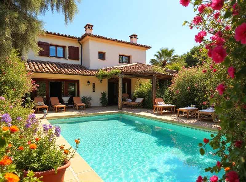 A cozy holiday home in Mallorca with a vibrant garden and a swimming pool in the background