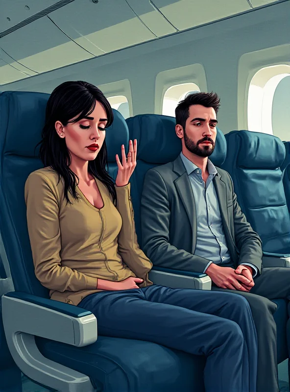 Illustration of a distressed couple on an airplane with an empty seat next to them, suggesting a somber atmosphere.