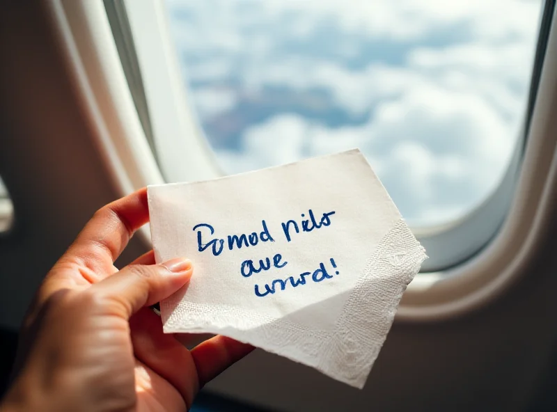Close-up of a hand holding a napkin with a handwritten note on it, inside an airplane cabin with a window in the background.
