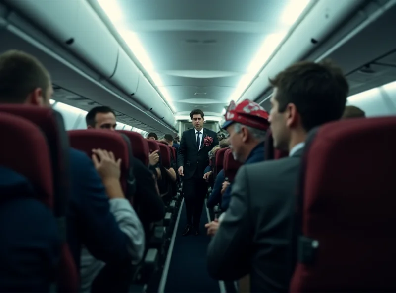 An airplane interior with passengers looking alarmed and cabin crew rushing towards an emergency exit door.