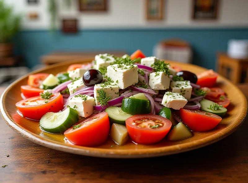 A vibrant and authentic Greek salad with fresh tomatoes, cucumbers, feta cheese, olives, and oregano, served on a rustic wooden table.