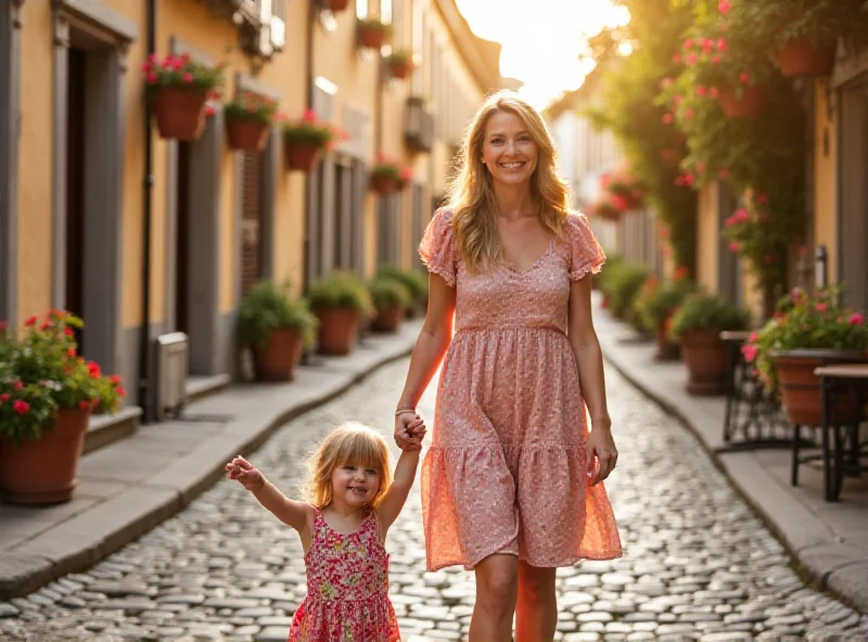 A smiling single mother holding her toddler's hand, walking along a cobblestone street in a picturesque European town.