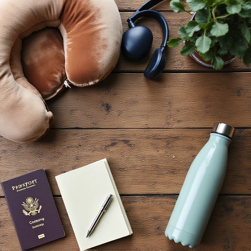 Overhead shot of travel essentials including a passport, headphones, a travel pillow, and a water bottle on a wooden table.