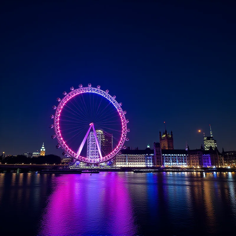 A wide shot of the London Eye at night, lit up against the dark sky, with the River Thames reflecting the lights.