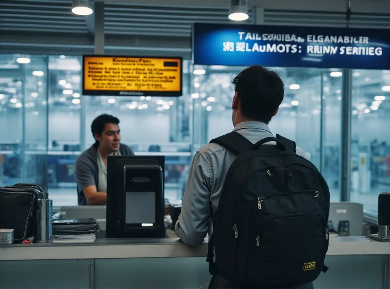 A frustrated traveler stands at a ticket counter, looking confused at a sign indicating extra fees for in-person purchases.