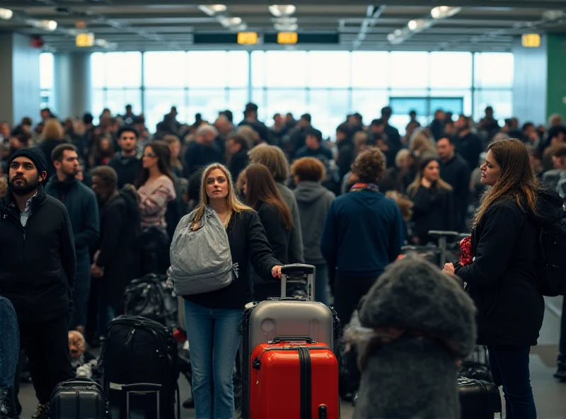 Crowded airport gate with people standing close together, waiting to board.