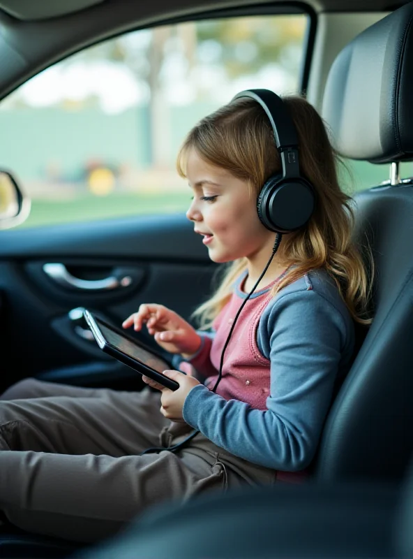 A child happily playing with a tablet in the backseat of a car during a road trip.
