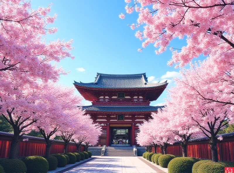 A scenic view of a traditional Japanese temple with cherry blossoms in full bloom.