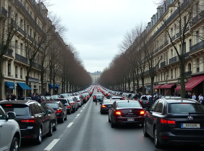 Busy Parisian street with cars stuck in traffic.