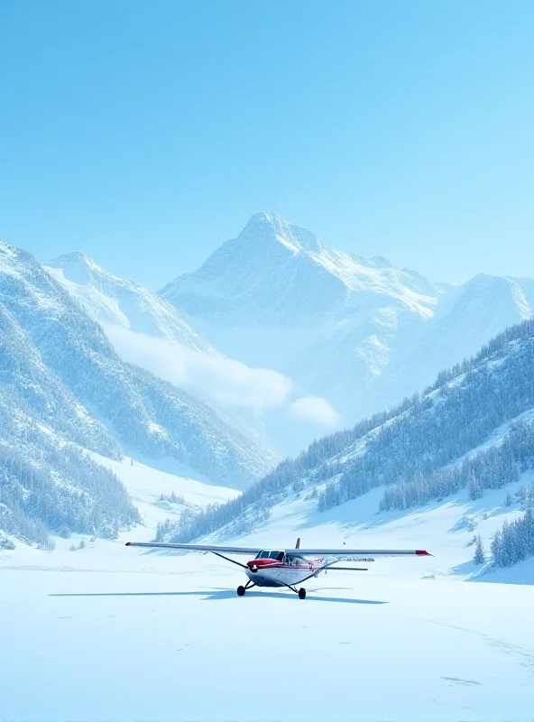 A small airplane landing in a snowy mountain landscape.