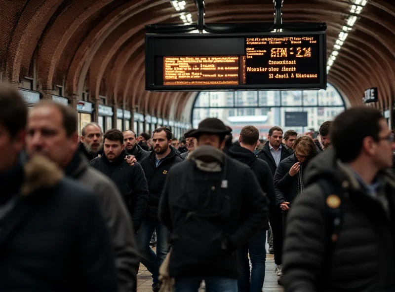 A crowded train station platform in England, showing delayed trains and frustrated commuters.