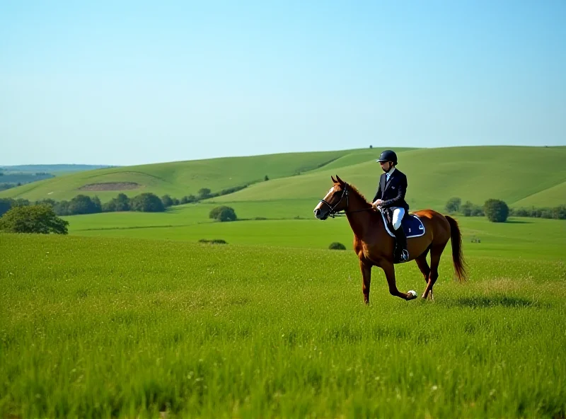 A person riding a horse through a green field in the English countryside, with rolling hills in the background.
