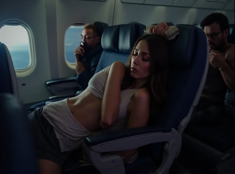 Person contorted in an airplane seat in an uncomfortable position.