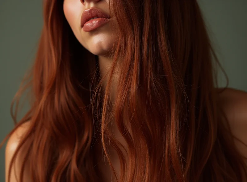 Close up of a woman with long, flowing brown hair dyed with natural henna, amla, shikakai, hibiscus, and indigo powder, showcasing vibrant color and healthy shine.