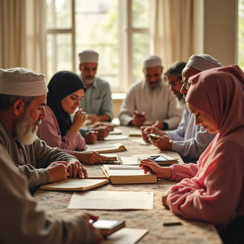 A diverse group of people studying the Quran together, some using modern tablets and others using traditional books, in a bright and welcoming setting with a focus on learning and understanding.