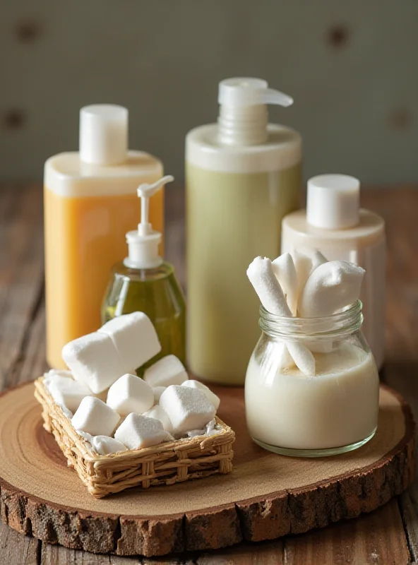 Various zero-waste personal care items displayed on a wooden surface, including solid shampoo bars, reusable cotton rounds, and homemade toothpaste in a glass jar.