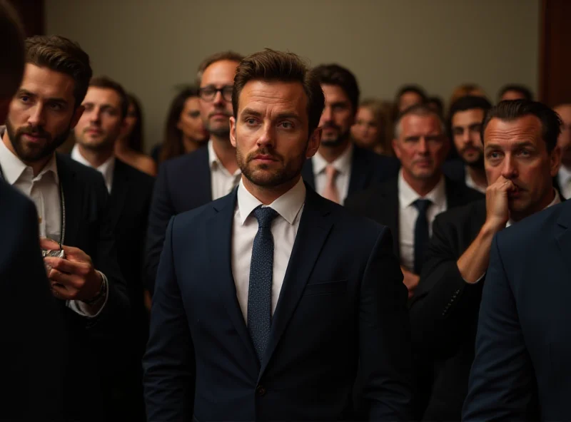 A group of diverse people in modern clothing looking slightly uncomfortable in a formal setting, suggesting social awkwardness and the pressure of social norms.