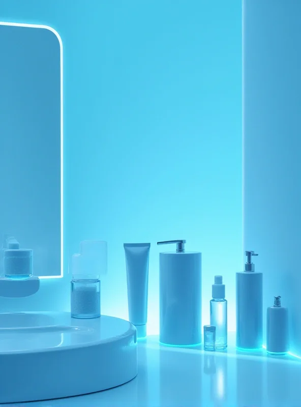 A futuristic bathroom scene with sleek, minimalist design. Various beauty products are displayed, each glowing with a subtle light, suggesting advanced technology and time-saving features.