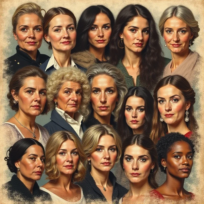 A collage of portraits depicting diverse historical female figures. The portraits are rendered in various artistic styles, from paintings to photographs, representing different eras and cultures.