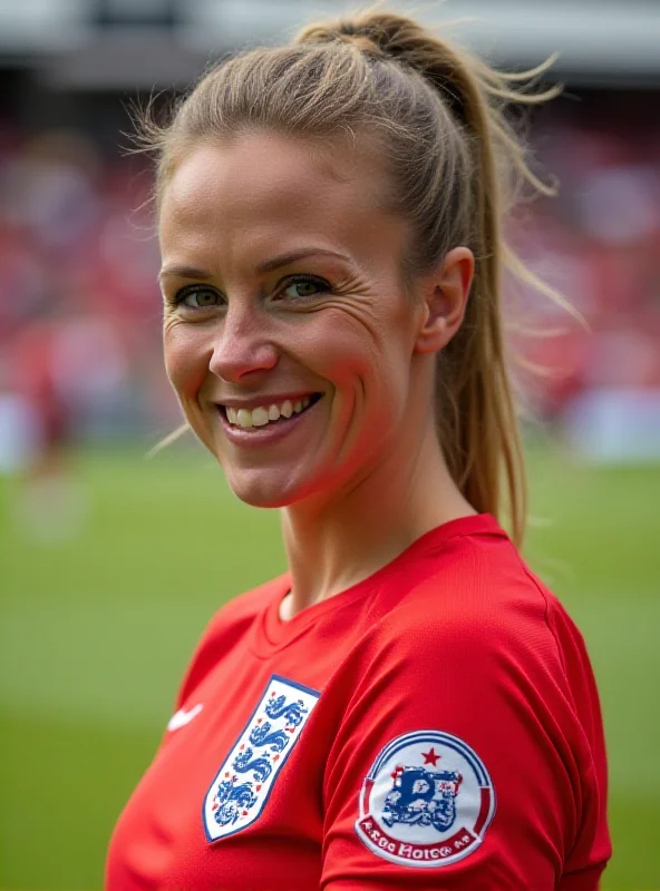 Leah Williamson smiling on a football field