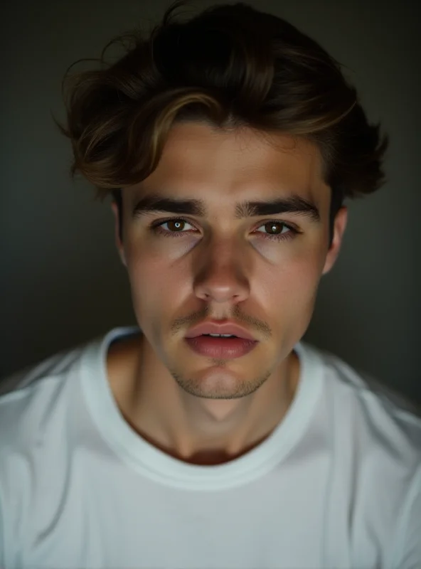 Close-up of Justin Bieber looking directly at the camera with a slightly melancholic expression. Soft, diffused lighting creates a sense of vulnerability.