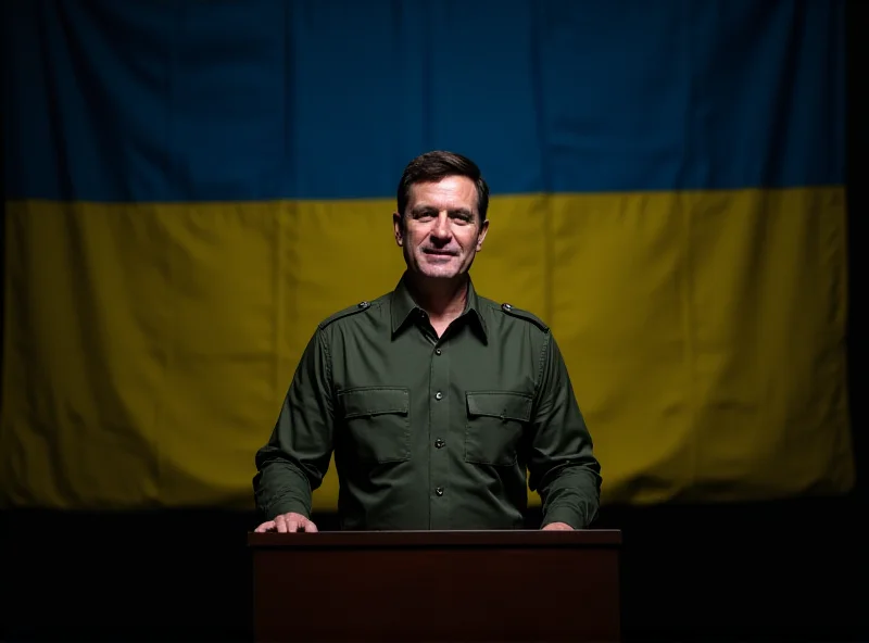 Volodymyr Zelensky standing at a podium addressing an audience, Ukrainian flag in the background.