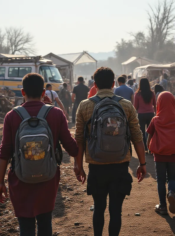 A group of people receiving aid in a disaster-stricken area, with tents and emergency vehicles in the background, conveying a sense of urgency and vulnerability.