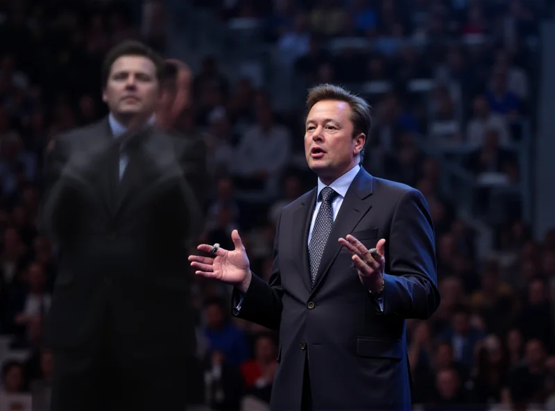 Elon Musk giving a presentation at a conference. He is wearing a suit and tie and speaking into a microphone. The background is blurred, but shows a large audience.